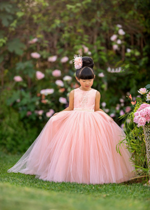 Peach Pink Lace Tulle V Back Flower Girl Dress With Beaded Sash